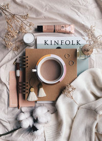 High angle view of coffee on table