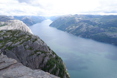 High angle view of rocks against sky  in lysefjorden, norway