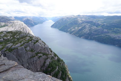 High angle view of rocks against sky  in lysefjorden, norway