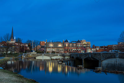 Bridge over river by buildings against blue sky