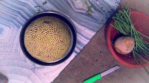 High angle view of food on table