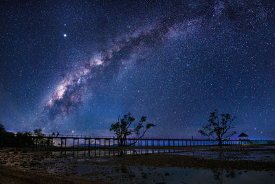 Firework display over lake against sky at night