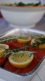 Close-up of fruits in plate on table