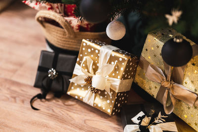 High angle view of christmas decorations on table
