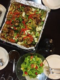 High angle view of salad in plate on table