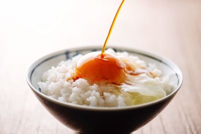 Close-up of eggs in bowl on table