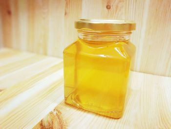 Close-up of drink in jar on table