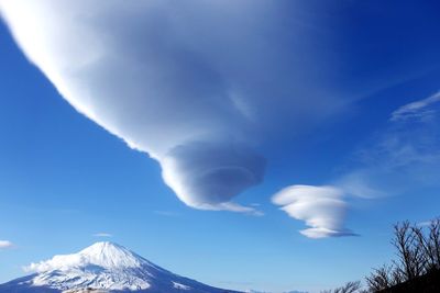 Low angle view of snowcapped mountain against sky