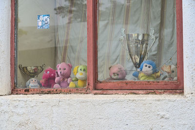 Close-up of display of teddy bears at the window
