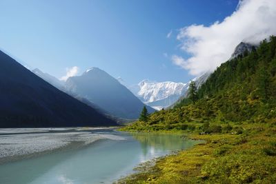 Scenic view of lake and mountains against sky