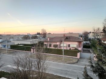 High angle view of houses and buildings in town