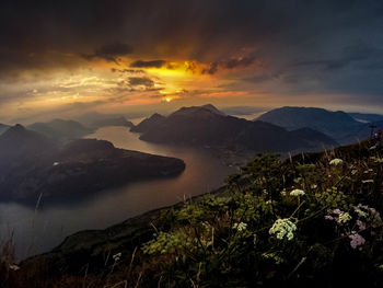 Scenic view of mountains against sky during sunset