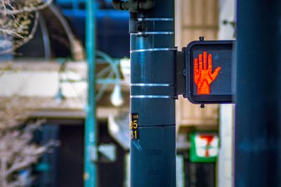 Close-up of information sign on illuminated city