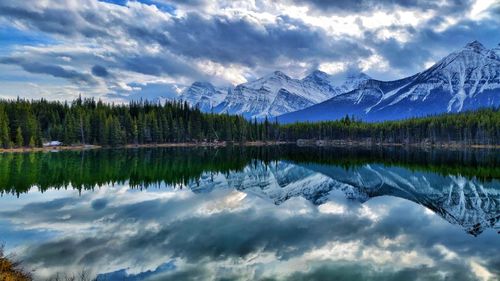 Scenic view of lake and mountains against sky