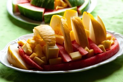 Close-up of dessert served in plate on table