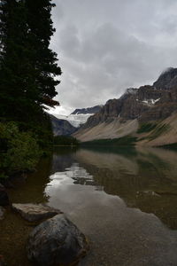 Scenic view of calm lake against cloudy sky