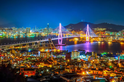 High angle view of illuminated city buildings