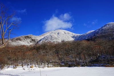 Scenic view of snow covered mountains against sky