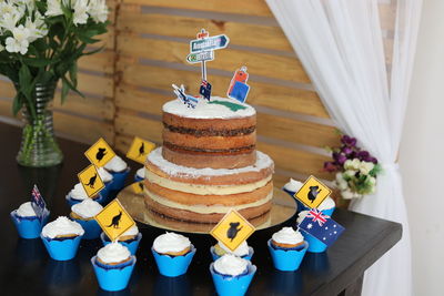 Close-up of cake served on table