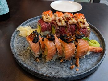 High angle view of food in plate on table