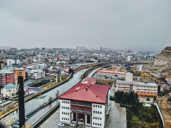 High angle view of cityscape against clear sky