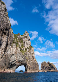 Low angle view of rock formation in sea against sky