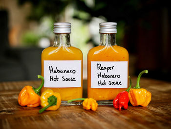 Bottles of homemade hot sauce