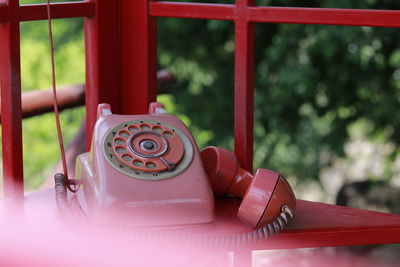 Close-up of old telephone booth