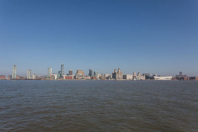 Scenic view of sea and cityscape against clear sky