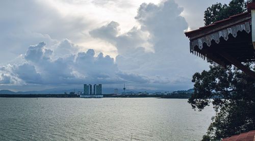 Scenic view of sea by building against sky