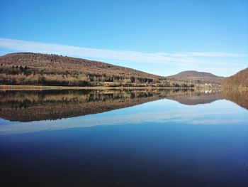 Scenic view of lake against blue sky