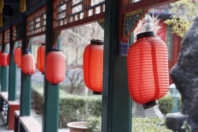 Close-up of red lanterns hanging on window