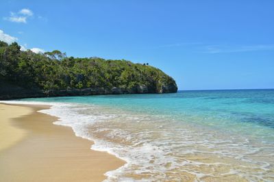 Scenic view of beach against blue sky