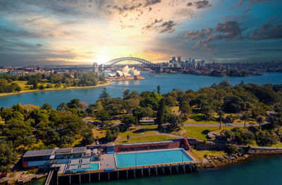 Landscape aerial view of sydney opera house around the harbour.