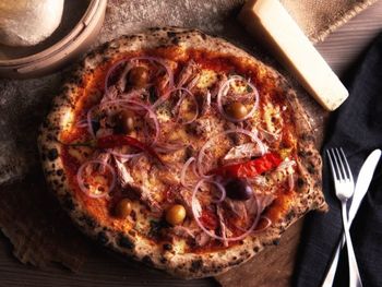 High angle view of pizza on table