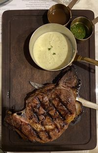 High angle view of meal served on table