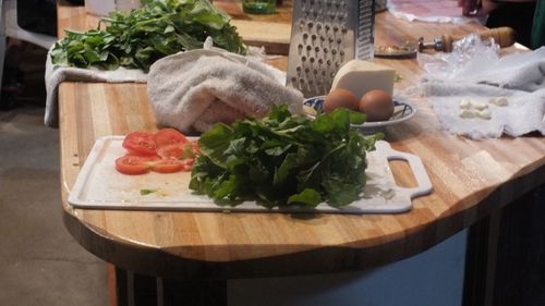 High angle view of vegetables on cutting board