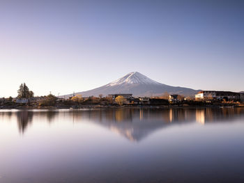 Scenic view of lake and mountains against clear sky