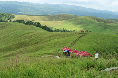 High angle view of people on grassy field