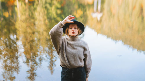 Boy standing in lake