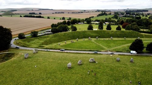 High angle view of trees on field against sky