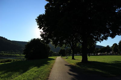 Footpath in park against clear blue sky on sunny day