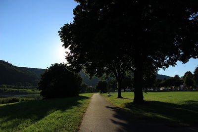 Footpath in park against clear blue sky on sunny day