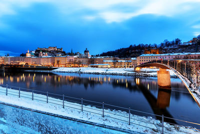 Bridge over river by buildings against blue sky