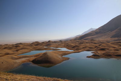 Scenic view of lake and mountains against clear blue sky