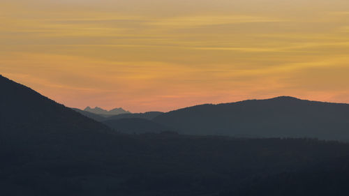 Scenic view of silhouette mountains against sky during sunset