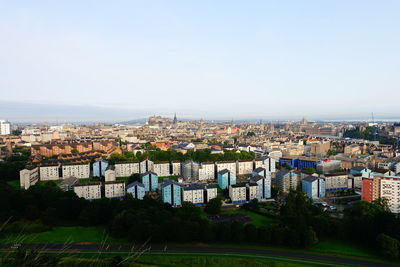 Cityscape against clear sky