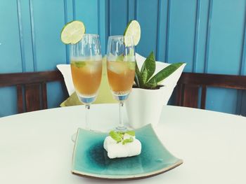 Close-up of drink served on table