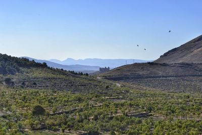 Scenic view of mountains against blue sky