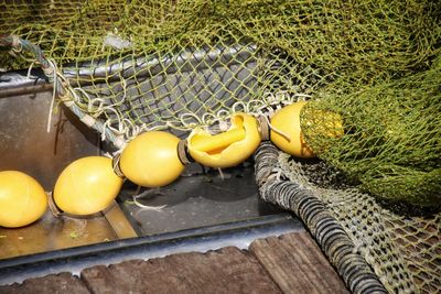 High angle view of fishing equipment